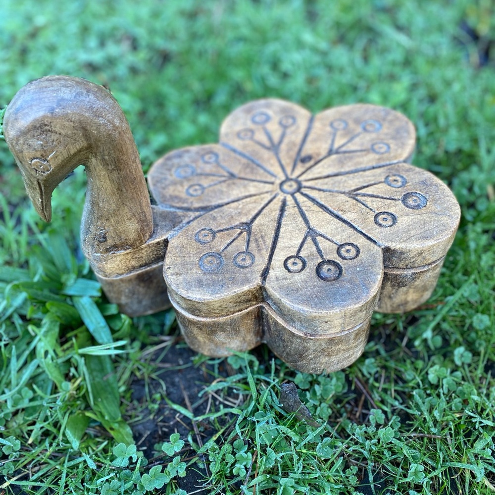 Beautiful antique/vintage wood peacock secret trinket box.